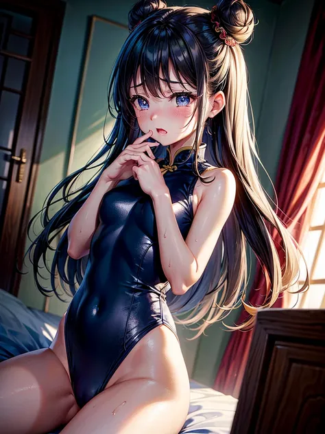 Highest Resolution,Highest quality,A beautiful girl in a Chinese leotard crying,Bun Hair,Dark bedroom,Tears,Open your mouth and drool,whole body,front,Sweat profusely,Beautiful eyes,Lots of saliva,