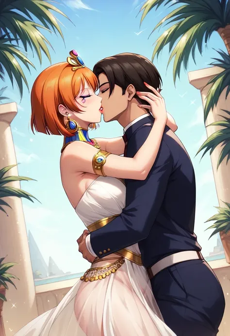 Masterpiece, sksrin, beautiful , facial details, 8k wallpaper, Rin Hoshizora Love Live, short orange hair, white see through dress, Egypt queen,tiara,in Egypt ,(lipstick:0.8), (makeup:0.8),Fascinated by her beauty, 1man, Egypt king,hug,kiss