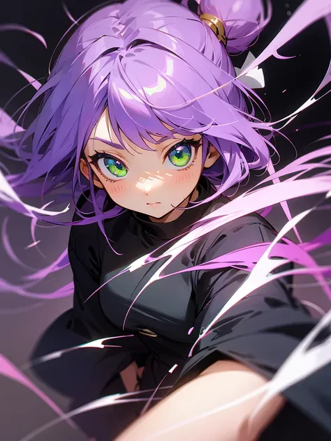 1 girl, purple hair, green eyes, anime style, very cute, high image quality 