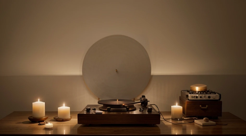 A stunning cinematic shot of a quiet, dimly lit room with soft, soothing colors. Delicate candles are placed on a wooden table, casting a warm glow over various musical instruments such as the flute and tambourine. A beautifully crafted vinyl record from: ...