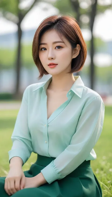 Close up of beautiful Korean woman, Short hair, Chest size 34 inches, wear a long-sleeved shirt, skirt, in the office, bokeh background, sitting on the green grass in the park. Uh