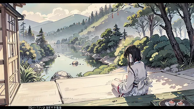 A anime character sitting in the terasse of an old japanese house, the view of her garden. summer ambient vibes. The colors are soft and pastel, with soft lighting and a nostalgic ambiance, Lo-Fi, school girl , cute girl, side view, wide view, japanese bea...