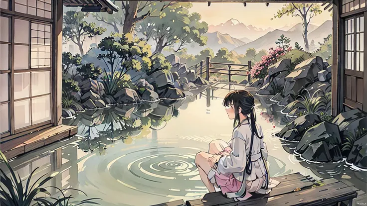 A anime character sitting in the terasse of an old japanese house, the view of her garden. summer ambient vibes. The colors are soft and pastel, with soft lighting and a nostalgic ambiance, Lo-Fi, school girl , cute girl, side view, wide view, japanese bea...