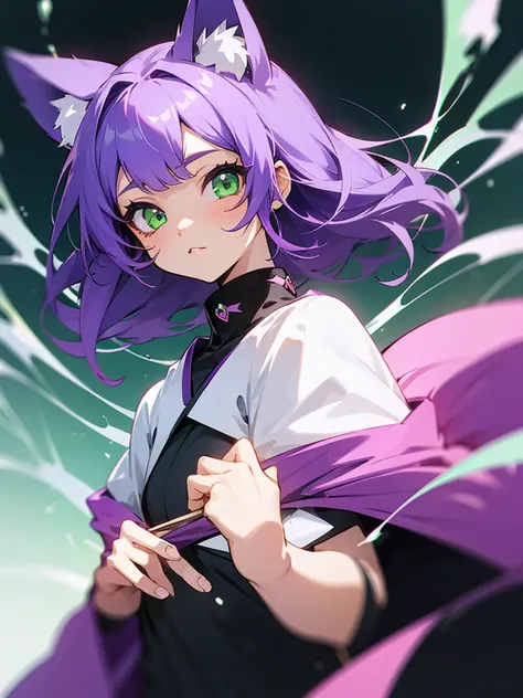 1 girl, purple hair, green eyes, cat eyes, anime style, very cute, high image quality