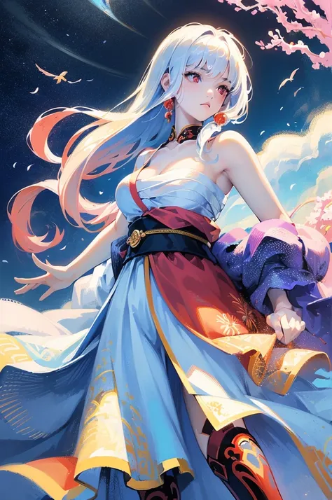 (masterpiece, Highest quality, Dutch Angle、Semi-Realistic、Fantasy)(One girl, alone)(White and beautiful hair,Red eyes,Straight Long Hair)(sarashi,kimono,One Shoulder、Haori、One shoulder exposed)(Serious expression、Floating Hair)(Cherry tree、dead tree、Mystic...