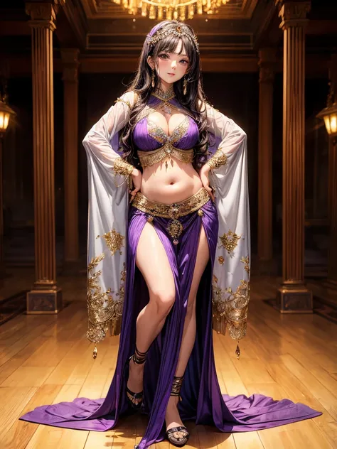 Arabian woman in purple and purple outfit standing on wooden floor, Belly dance, Outfit with blue accents, beautiful costume, Beasts, She is dressed as a belly dancer, Black and purple outfit, gracefully Belly dance pose, Mr.々A pose, Bejeweled costumes, Fu...