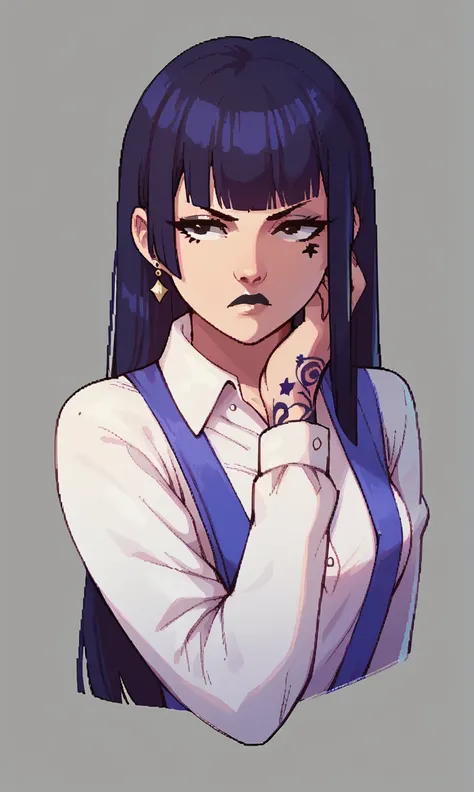 score_9, score_8_up, score_7_up, pixel art, 1girl, simplified background, Asian, mafia business outfit, , sunny, lovely, hime cut hair, scowl, black lips, black eyes, tattoos
