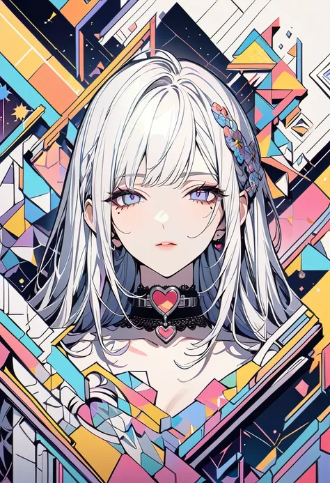 Mole under the eye, Heart-shaped choker, (masterpiece, Highest quality), Official Art, beautifully、aesthetic: 1.2, (1 Girl), Very detailed, (Geometry Art: 1.3), colorful,character design,upper body,portrait,simple background,frontal face,