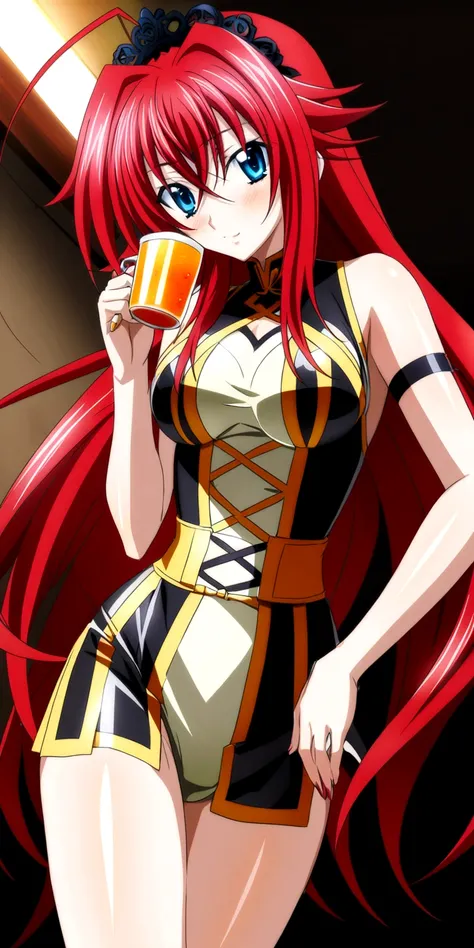 Rias Gremory from anime DxD with blue eyes is drinking tea in sexsual outfit. 