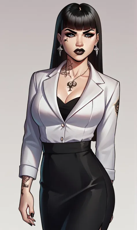 score_9, score_8_up, score_7_up, 1girl, simplified background, Asian, mafia business outfit, , sunny, lovely, hime cut hair, scowl, black lips, black eyes, tattoos
