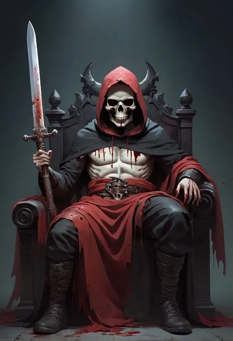 masked man sitting on a throne. he wears a mask shaped like a human skull. in the right hand he holds a sword and in the left ha...