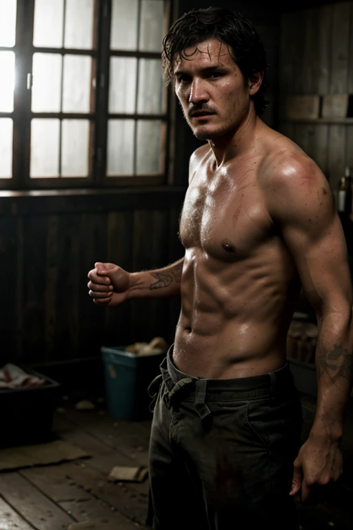 Pedro Pascal as Joel Miller in The Last of us, bare chested, sweaty, at night, full body shot, fists up, ready to fight, bloody fists, bruised chest, scars on body