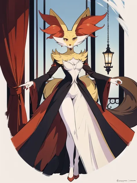 delphox, red eyes, black legs, regal, (artsy aesthetic:1.2), (fine-details:1.3), (depth),