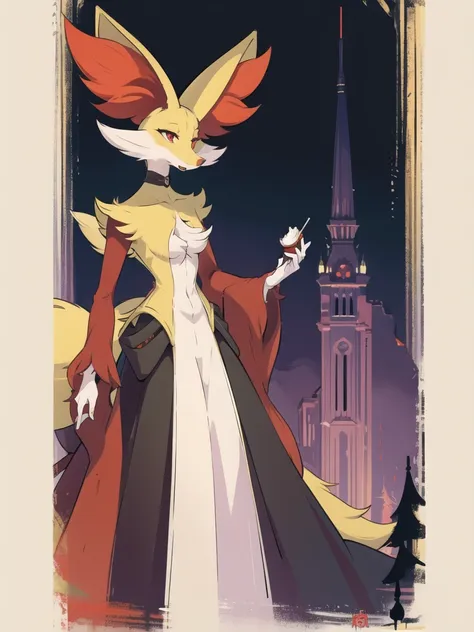 delphox, red eyes, black legs, regal, (artsy aesthetic:1.2), (fine-details:1.3), (depth),