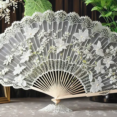 white laceで出来た扇子, beautiful lace fan, lace fan for room decoration, indoor, white lace, very delicate lace, best quality:1.2, 4k...