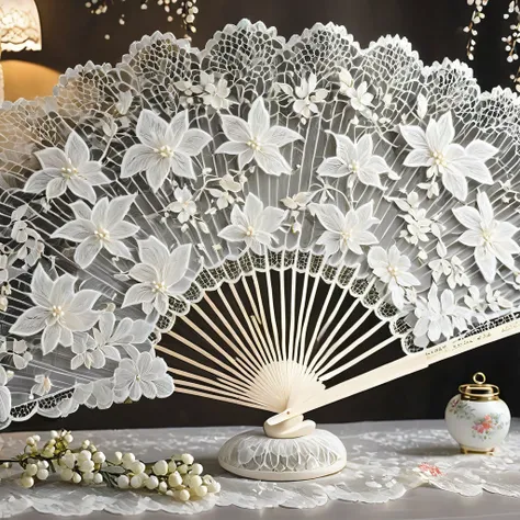 white laceで出来た扇子, beautiful lace fan, lace fan for room decoration, indoor, white lace, very delicate lace, best quality:1.2, 4k...