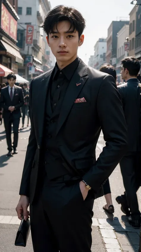 in this fascinating photo、the photo shows a handsome korean man, 35 years old.、he is wearing a black suit and black sandals.、 he...