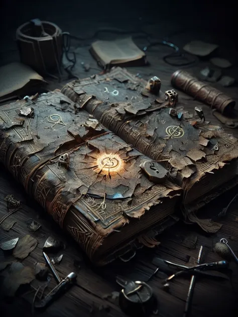 ais-olde book, its leather cover cracked and brittle, pages filled with cryptic symbols glowing faintly in the darkness