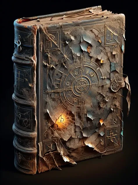 ais-olde book, its leather cover cracked and brittle, pages filled with cryptic symbols glowing faintly in the darkness