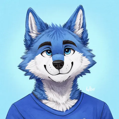 headshot of a cute and anthropomorphic blue colored fur, cute wolf, closed smile, he has a t-shirt, headshot, high quality furry...