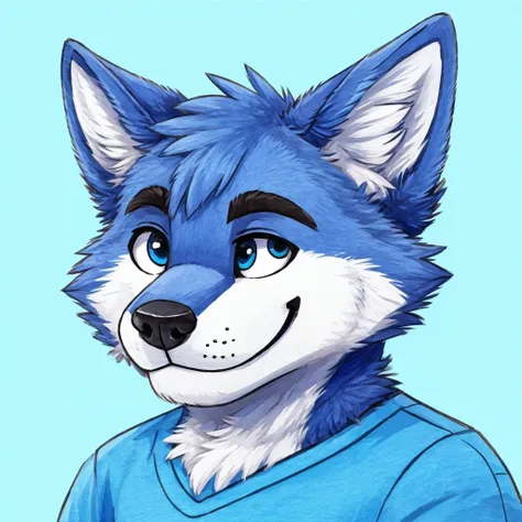 headshot of a cute and anthropomorphic blue colored fur, cute wolf, closed smile, he has a t-shirt, headshot, high quality furry...