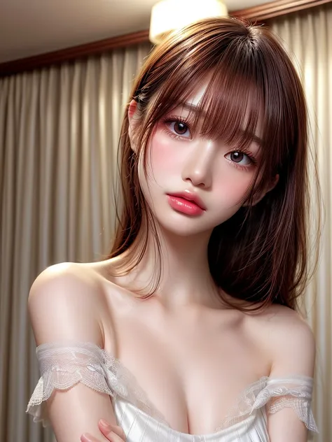 hotel background、(((professional lighting 1.5)))、translucent skin texture、beautiful skin、(((whitening 1.5)))、、off the shoulder、w...