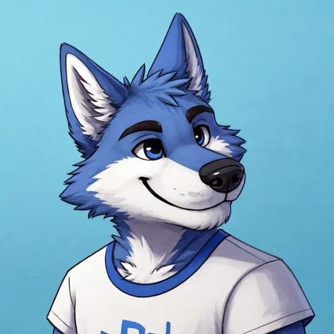 headshot of a cute and anthropomorphic blue colored fur, cute wolf, closed smile, he has a t-shirt, headshot, high quality furry art, cute background.