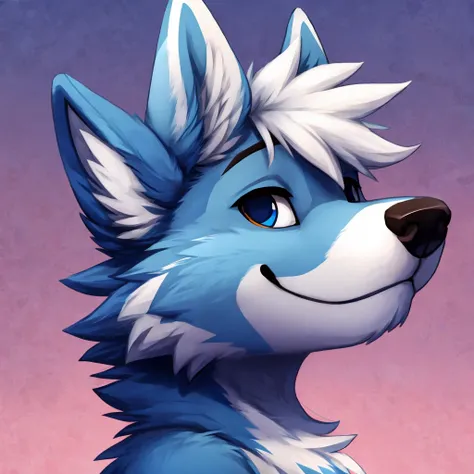 headshot of a cute and anthropomorphic blue colored fur wolf, closed smile, headshot, high quality furry art, cute background.