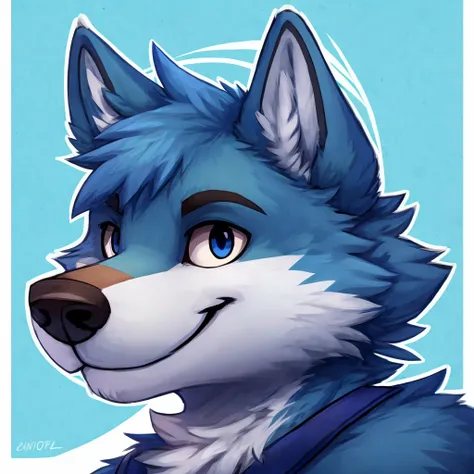 headshot of a cute and anthropomorphic blue colored fur wolf, closed smile, headshot, high quality furry art, cute background.