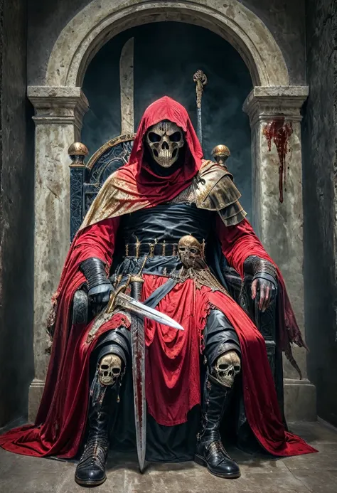 masked man sitting on a throne. he wears a mask shaped like a human skull. in the right hand he holds a sword and in the left ha...