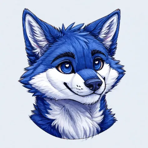 headshot of a cute and anthropomorphic blue colored fur, cute wolf, closed smile, headshot, high quality furry art, cute backgro...