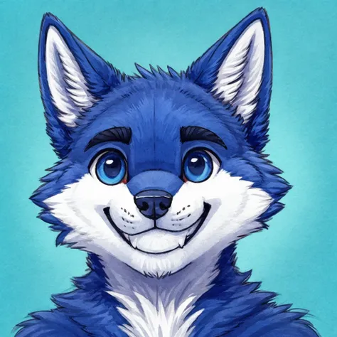 headshot of a cute and anthropomorphic blue colored fur, cute wolf, closed smile, headshot, high quality furry art, cute backgro...