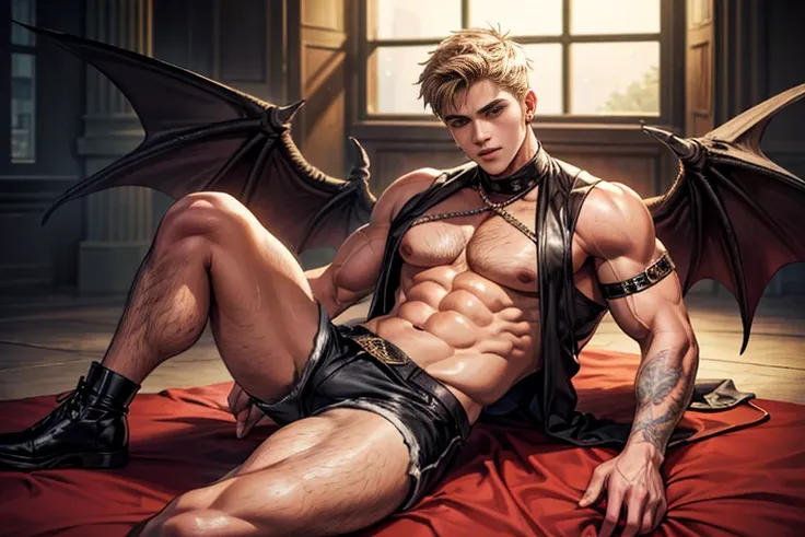 tight mini shorts, 19 year old, Justin Bieber ((obra de arte, melhor qualidade, high resolution)) A handsome man with black demon wings, olhos vermelhos, Orelhas pontudas, muscular