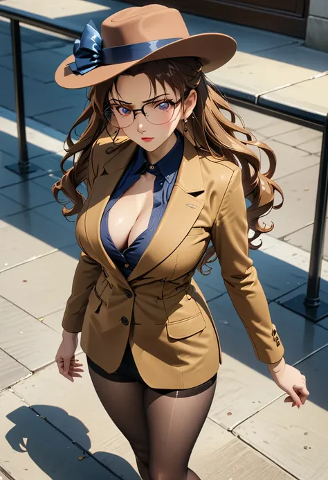 (Black stockings, Brown jacket, Lady hat：1.3）， full body，Perfect body, blown hair，glasses，（anime, , UHD, masterpiece, accurate, super detail, textured skin, high details, high quality,best quality, highres, 8k：1.3）