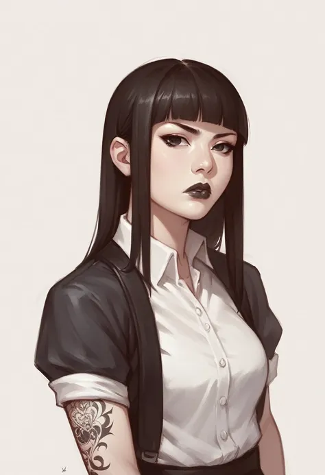 score_9, score_8_up, score_7_up, 1girl, sketch, detailed background, Asian, white shirt, black skirt, rolled up sleeves, sunny, lovely, hime cut hair, scowl, black lips, black eyes, tattoos
