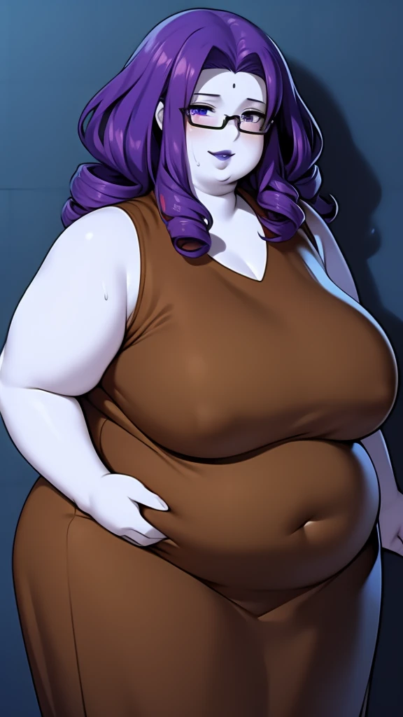 Anime Women, Lady、Forehead、Afro、Curly hair、Purple Hair、Glasses、Sharp eyes、Purple lips、Cobalt blue body、Cobalt blue skin、Are fat、Chubby、Sensual、obesity、Double chin、Fatty neck、Big Breasts、Saggy breasts、Thick upper arms、Thick arms、thick fingers、Fat belly、Flab...