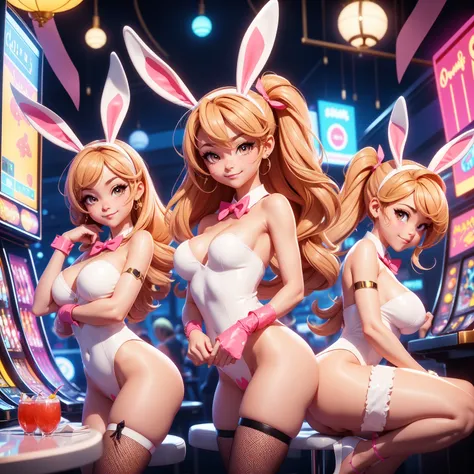 masterpiece, Highest quality, 8K、anime, 3d, Pixar、casino、Beautiful night view、 or more naked girls、smile、fun、Various hairstyles、pubic hair)、(((Full nudity、Pussy、The characters are unique)))、(Glowing Skin、A pair of rabbit ears:1.3、Ribbon Hairband、Fishnet ti...