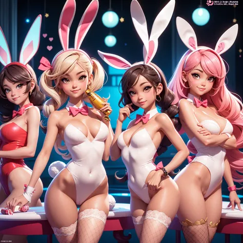 masterpiece, Highest quality, 8K、anime, 3d, Pixar、casino、Beautiful night view、 or more naked girls、smile、fun、Various hairstyles、pubic hair)、(((Full nudity、Pussy、The characters are unique)))、(Glowing Skin、A pair of rabbit ears:1.3、Ribbon Hairband、Fishnet ti...