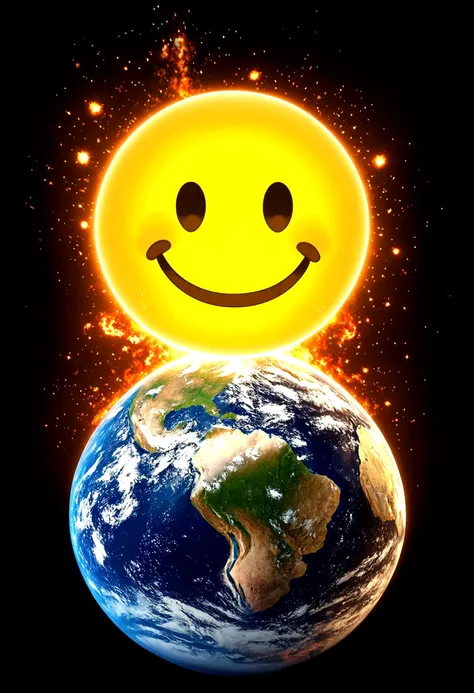 smiley emoji asteroid hitting erupting earth, on dark background