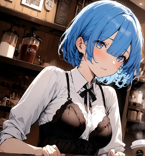 masterpiece, Highest quality, Rem, One Girl, lingerie,Beautiful Eyes,Blue Hair,Upper Body,Inside the coffee shop,White collar shirt