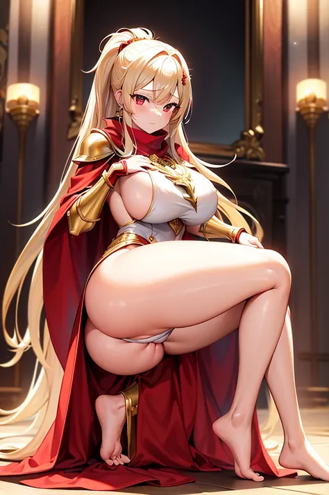 extremly detaled, dynamic sexy kneel pose, bare feet, detaled feet, feet close focus perspective,goddess, gold detaled armor with red finish, long white hair, red cape and scarf, gold hair clip, gold heavy armor with red finish, show big ass and pussy