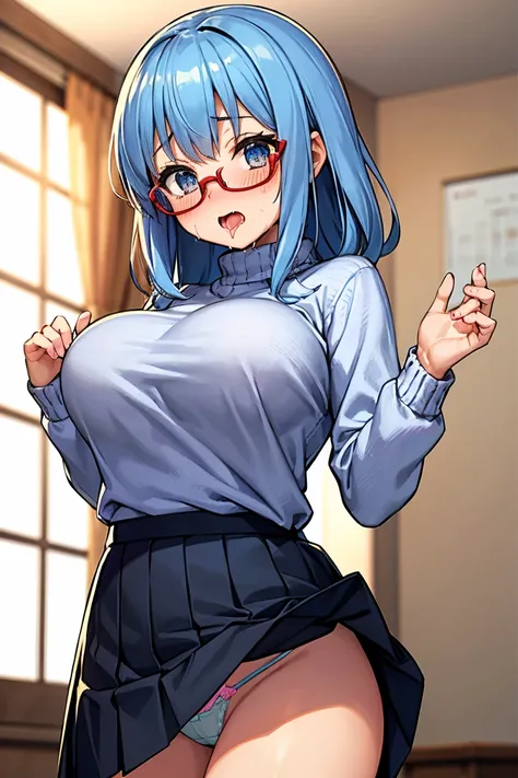 wearing knit sweater & miniskirt, (Flirtingly lifting her skirt to show her panties:1.3),anime,An illustration,Light Blue Check Dress,Red glasses,blonde,Light blue mesh hair,beautiful girl,Sora Sakurano,One person,,Big Breasts,underwear,saliva,nose blush