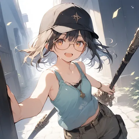 score_9, score_8_up, score_7_up, source_anime, best quality, masterpiece, official art, absurdres, highres, ultra-detailed,waifu2x,Collection: Slice of Life,break,1girl, fantasy world, short hair, glasses, small breasts, cap, tank top, cargo pants, sweat, ...