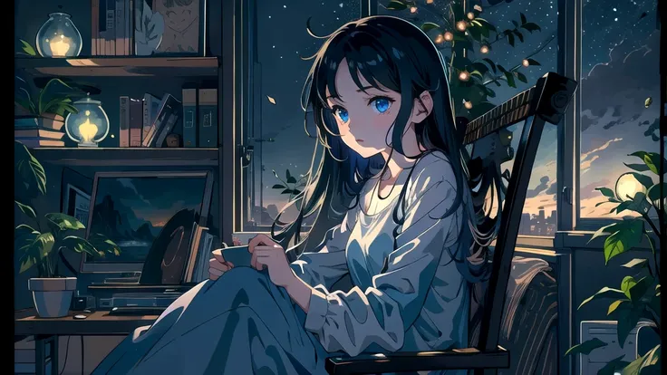 Create an illustration of a girl with black hair and blue eyes, sitting in a chair in front of a desk, Sentimental, Introspective look。, The moonlight gently shines into the room, Gently illuminate the space, Curtains sway in the wind, Increase tranquility...