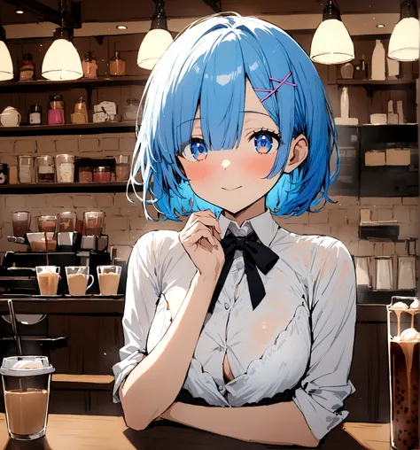 masterpiece, Highest quality, Rem, One Girl, lingerie,Beautiful Eyes,Blue Hair,Upper Body,Inside the coffee shop,White collar shirt