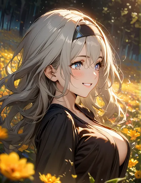 beautiful girl, long grey hair, beautiful face,smiling,close up to hips, beautiful breast, in the middle of flowers field, (open mouth:0.4),illustration,detailed textures(realists),ultra-detailed,portrait style,vivid colors,soft lighting, blushing, mature,...