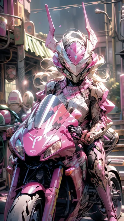 ((best quality)), ((masterpiece)), ((realistic)), (detailed), (photorealistic:1.5), (((succubus ))),((beautiful face, sharp face)), (thick body), (((pink bodysuit))), lights on armor, ((looking at viewer)), dynamic pose, post apocalyptic, destroyed city ba...