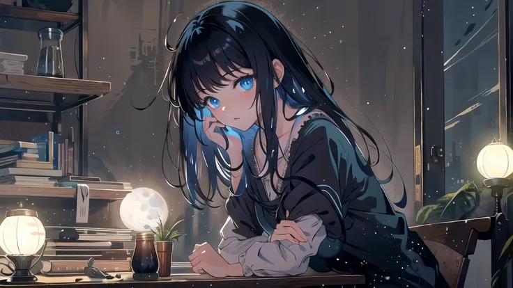 Create an illustration of a girl with black hair and blue eyes, sitting in a chair in front of a desk, Sentimental, Introspective look。, The moonlight gently shines into the room, Gently illuminate the space, Curtains sway in the wind, Increase tranquility...