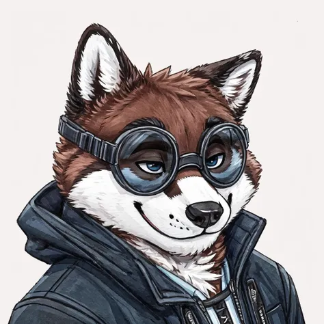 headshot of a anthropomorphic raccoon, closed smile, he has a round type of reading googles, a black with white laces jacket, hi...