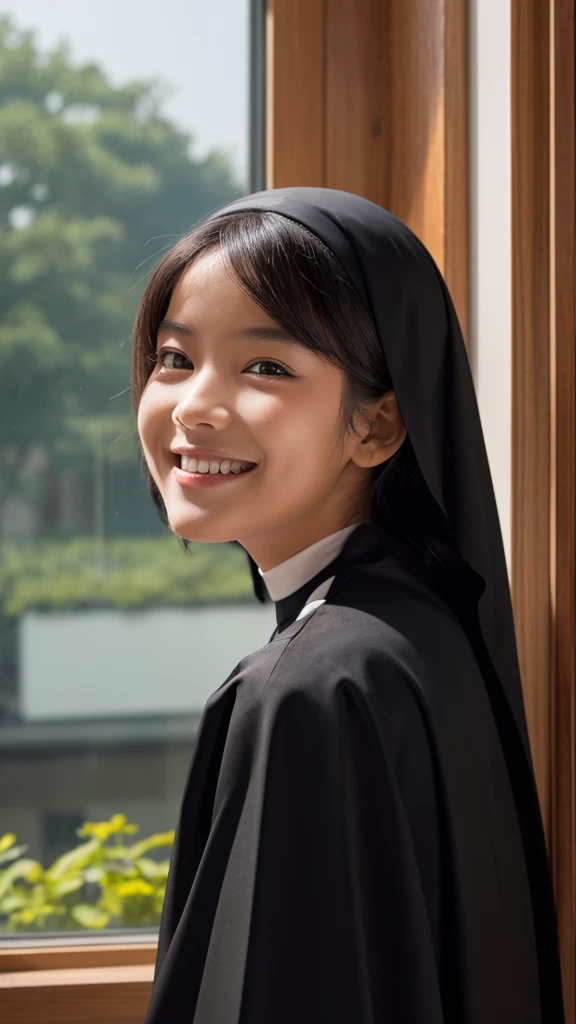 a young black-clad nun who is flower arrangement by the window and looks back and smiles at the cameras eyes